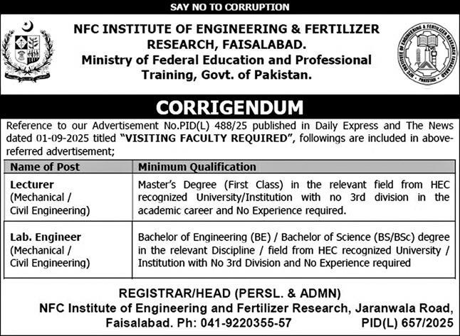 Jobs in NFC Institute of Engineering & Fertilizer Research Faisalabad